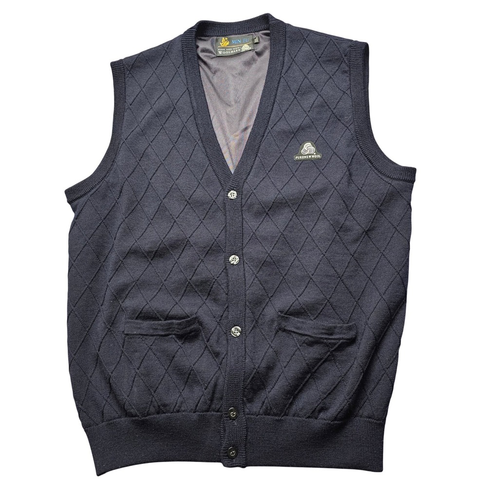 Min Fu Pure New Wool Cardigan Vest Navy Blue Diamond Knit V-Neck XXL Mens